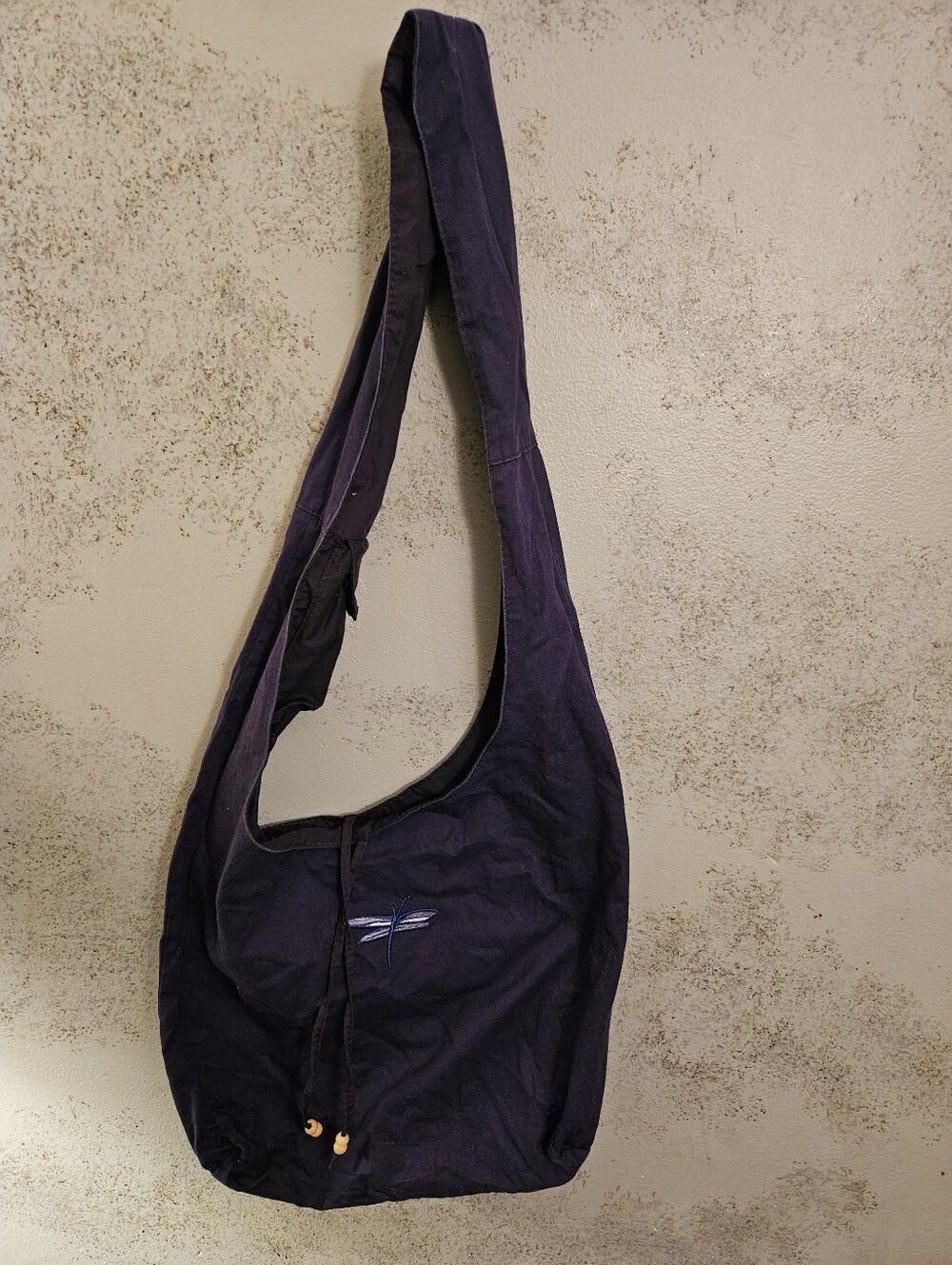 Dark purple cloth crossbody hobo bag dragonfly drawstring closure beaded pull